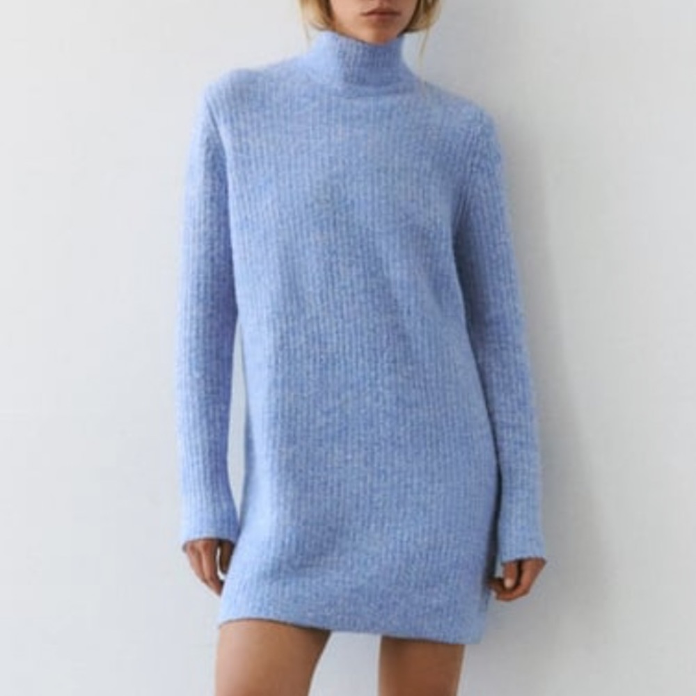 NWT ZARA LIGHT BLUE KNIT MOCK NECK DRESS - Picture 4 of 13